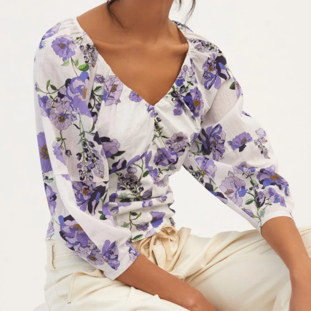 Anthropologie V-Neck Ruched Knit Top in Purple Floral Size XS - Picture 1 of 7